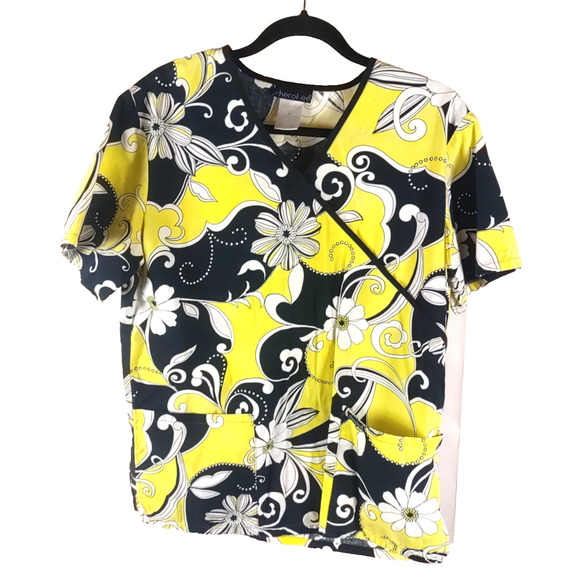 Cherokee Women's Scrub Top Size Medium Yellow Black Retro Design - Picture 1 of 6
